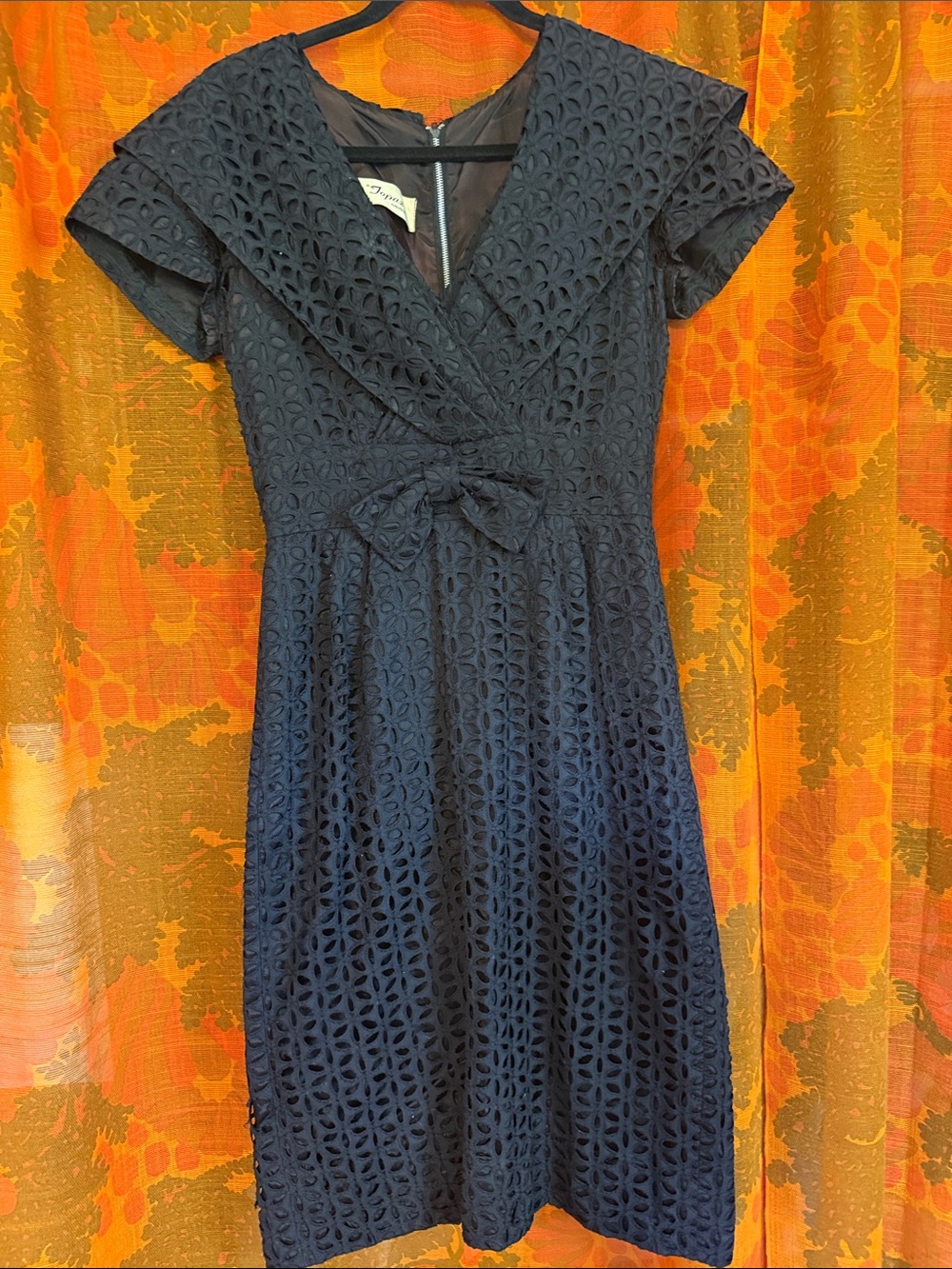 Vintage Black Eyelet Fit-and-Flare Dress with V-Neck and Bow Detail